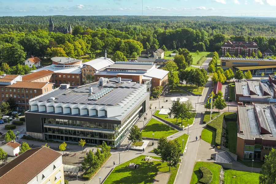 Aerial view of the Linnaes university's campus, with modern academic buildings, landscaped courtyards and surrounding woodland in the background.