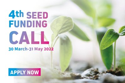 The photo shows a close-up of freshly sprouted seedlings in the soil. Across it, in colourful lettering, is written: "4th Seed Funding Call, 30 March-31 May 2022, apply now".