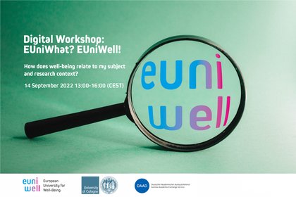 The picture shows a magnifying glass enlarging the word "EUniWell". Next to it is the caption "Digital Workshop: EUniWhat? EUniWell!" and the time 14 September 2022, 13-16 CEST.