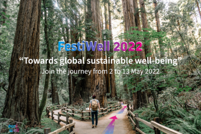 The image shows a young man at a crossroads in a coniferous forest. On the path to his right are directional arrows in the EUniWell colour gradient from magenta to cyan. In the centre of the picture, the slogan "FestiWell 2022" is written in large letters, below it the motto "Towards global sustainable well-being" and underneath the words "Join the journey from 2 to 13 May 2022". 