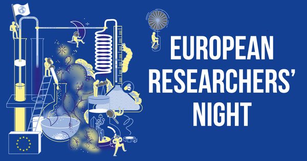 The graphic shows an illustration of test tubes and pipettes with little men working on them in shades of yellow and blue against a dark blue background on the left. On the right, the words "European Researchers' Night" can be read in bold white letters.