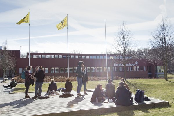 Some students sitting and standing outside of Växjö campus in the sun.