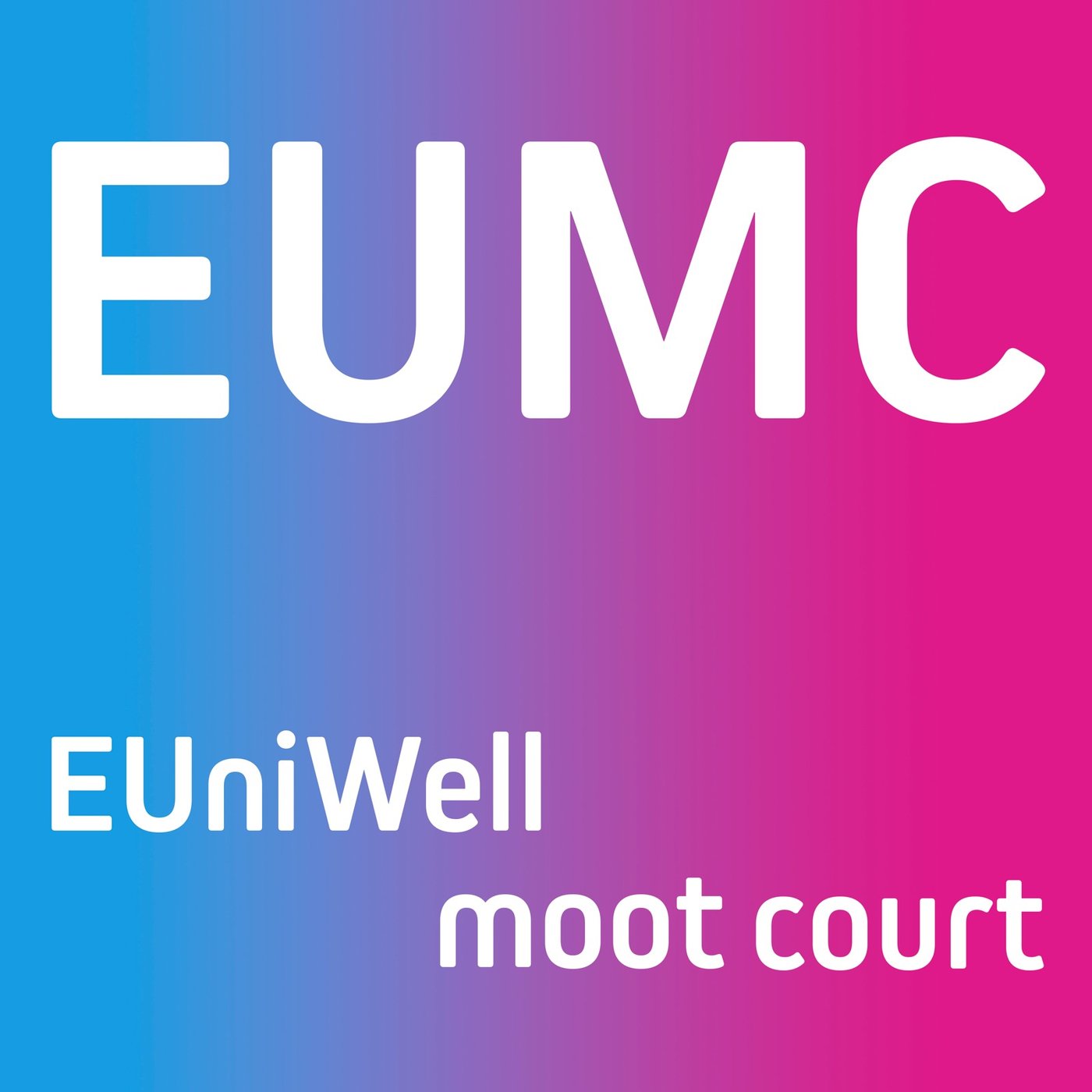 The graphic shows the text "EUMC - EUniWell moot court" in front of a cyan and pink gradient.
