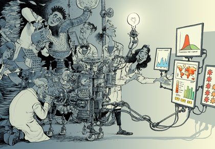 A cartoon of scientists turning data into colourful visual images.