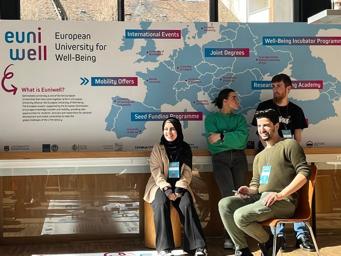Four students sit in front of a large EUniWell poster with the EUniWell map.