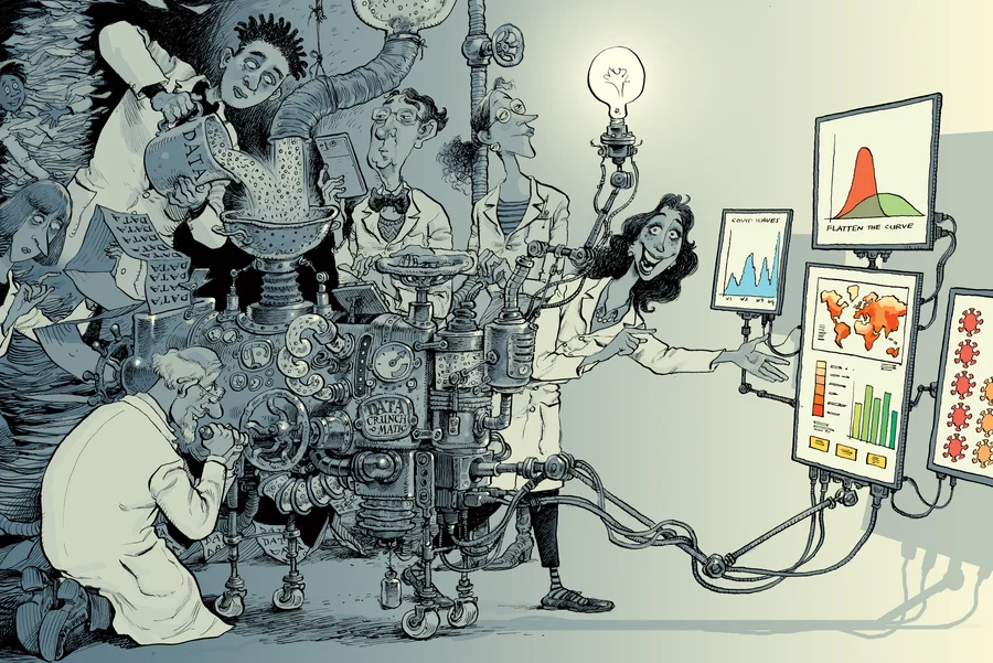 A creative depiction of scientists working together on a complex machine labelled 'DATA CRUNCH MACHINE', with outputs including a light bulb and data visualisation screens.