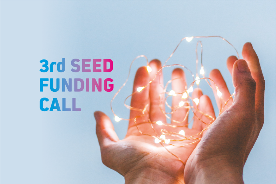 The photo shows two open palms against a light blue background, holding a string of lights. On the left of the picture is written in bold letters "3rd Seed Finding Call".