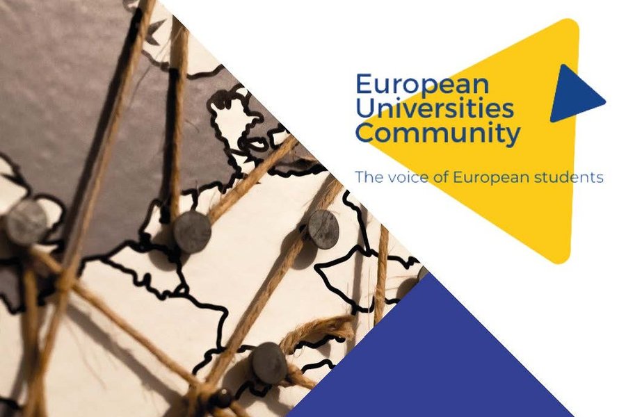 The graphic shows a section of a map of Europe on the left, with pins that are linked by threads. On the right the text "European Universities Community. The voice of European students." can be read.