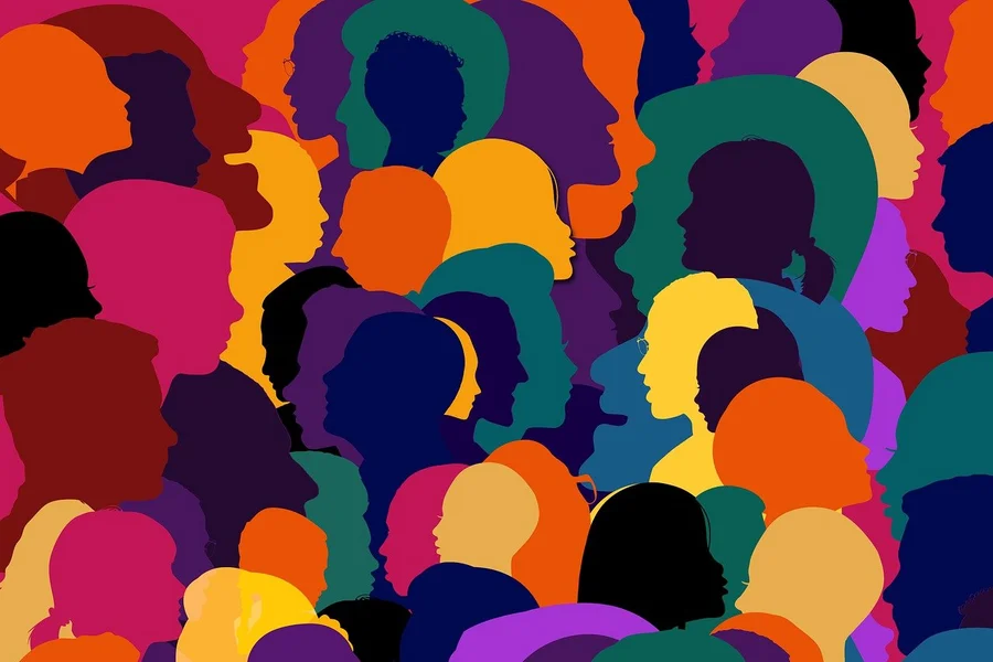 A multicoloured visual featuring cartoon-style profiles of a diverse group of people