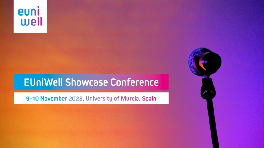 The picture shows a microphone in front of a background with a colour gradient from yellow through pink to blue. The EUniWell logo can be seen in the top left corner. Underneath it says: "EUniWell Showcase Conference. 9-10 November 2023, University of Murcia, Spain."