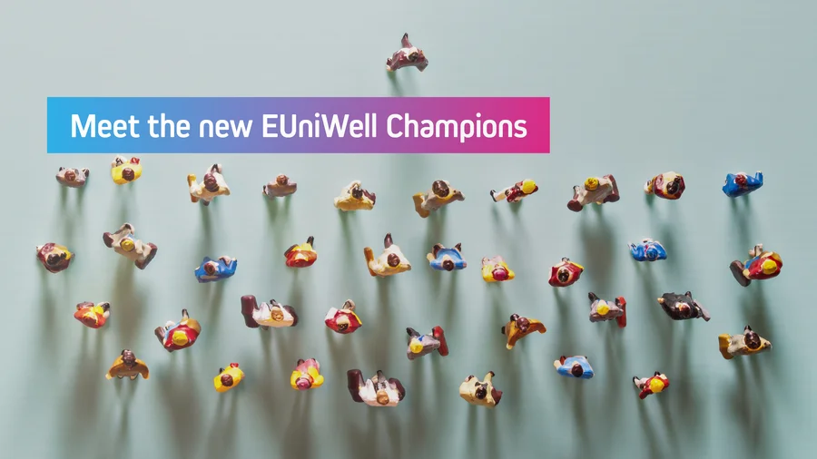 2026-Champion_Visual_2026_meet_new_champion The text in the image says: "Meet the new EUniWell Champions!". The picture shows figures viewed from above, all lined up in the same direction, some carrying suitcases. One figure stands at the front of the group, above the title.