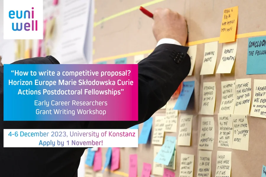 A graphic showing a pin board with notes on coloured pieces of paper. At the top left is the EUniWell logo, below which is a text box with a colour gradient from cyan to magenta: "'How to write a competitive proposal? Horizon Europe Marie Skłodowska Curie Actions Postdoctoral Fellowships' /Early Career Researchers / Grant Writing Workshop". Below that, in a white text box, it says: "4-6 December 2023, University of Konstanz / Apply by 1 November".
