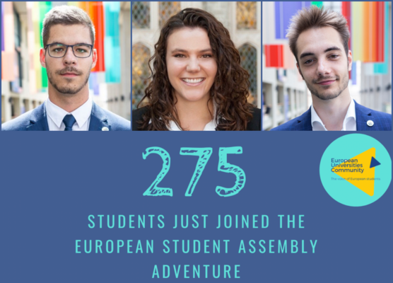 A collage showing three student portraits at the top, below a graphic that, in front of a dark blue background, reads: "275 just joined the European Student Assembly Adventure - And we are very happy to have them in board!"