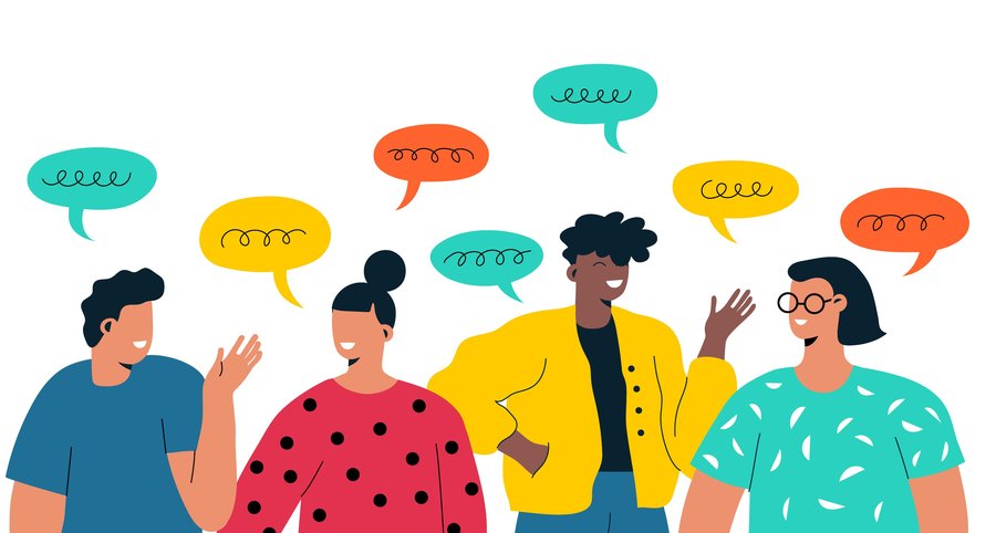 The graphic shows four colourful people with speech bubbles over their heads.