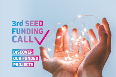 The image shows two open hands holding a string of lights against a light blue background. To the left, in large letters in the EUniWell colour gradient from cyan to magenta, it says "3rd Seed Funding Call", next to which is a checkmark. Below that it says "Discover our Seed Funded Projects".