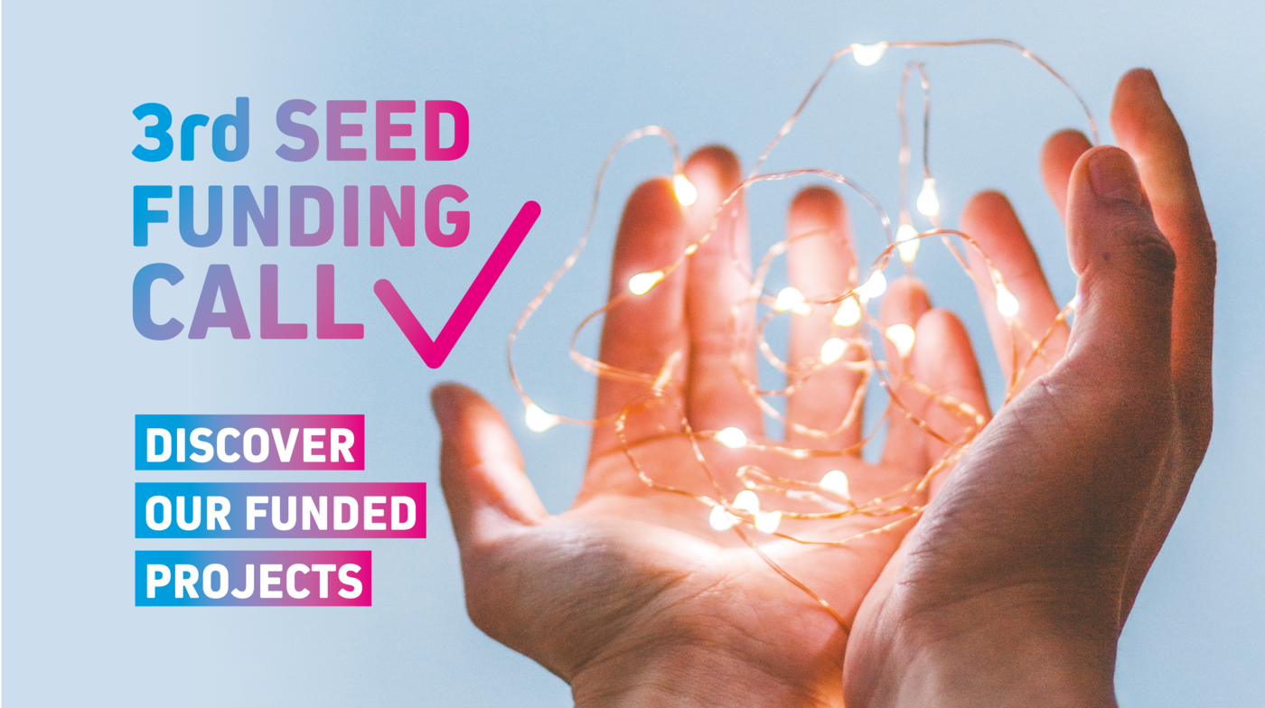 The image shows two open hands holding a string of lights against a light blue background. To the left, in large letters in the EUniWell colour gradient from cyan to magenta, it says "3rd Seed Funding Call", next to which is a checkmark. Below that it says "Discover our Seed Funded Projects".