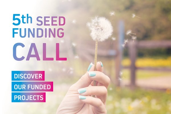 A hand holding a dandelion and the caption "5th Seed Funding Call - Discover our funded projects".