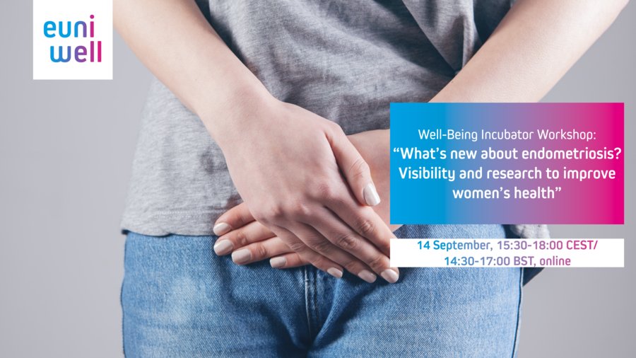 A woman holding her hands over her abdomen, with the EUniWell logo in the upper left corner and the following text: "Well-Being Incubator Workshop: "What's new about endometriosis? Visibility and research to improve women's health - 14 September, 15:30-18:00 CEST / 14:30-17:00 BST, online". 
