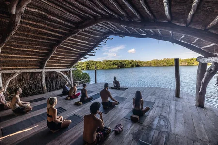 A group doing yoga activities in front of the sea and a beautiful landscape