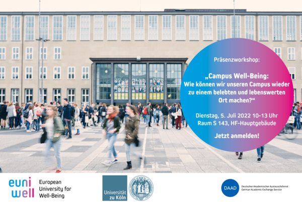 The graphic shows the main building of the University of Cologne with lively activity in front of it. The key information about the workshop is summarised in a coloured circle on the right. At the bottom are the logos of