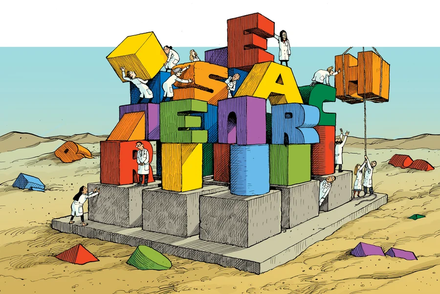 An allegorical representation of scientists assembling large colourful blocks with letters into a staircase, set against a desert backdrop, suggesting the construction of knowledge or data.