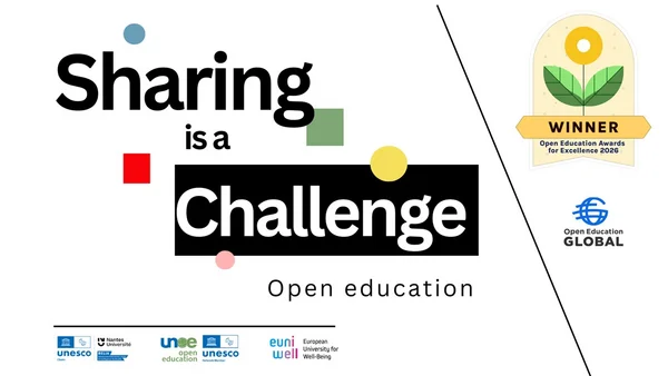 Graphic announcing “Sharing is a Challenge” as a 2026 Open Education Awards winner.