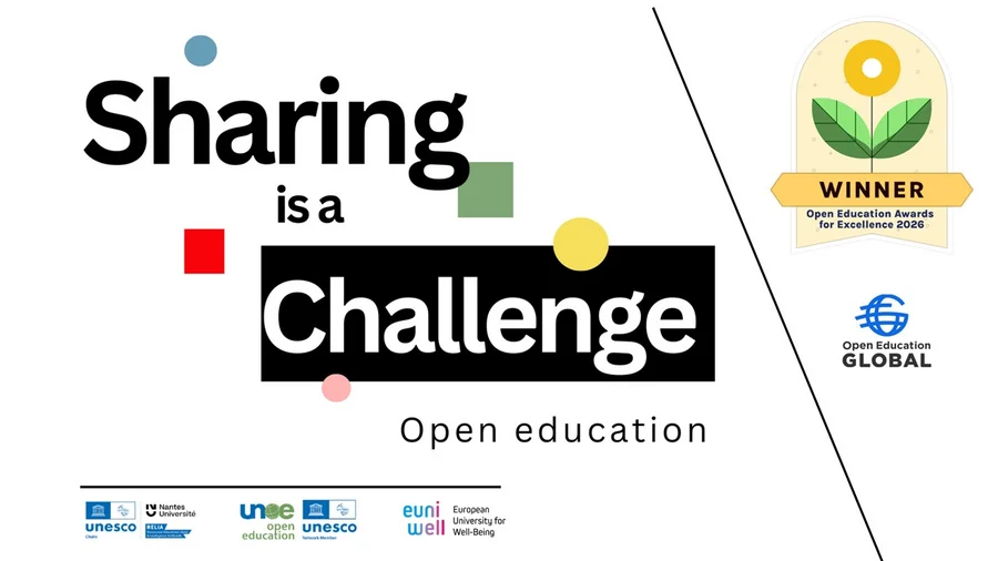 Graphic announcing “Sharing is a Challenge” as a 2026 Open Education Awards winner.