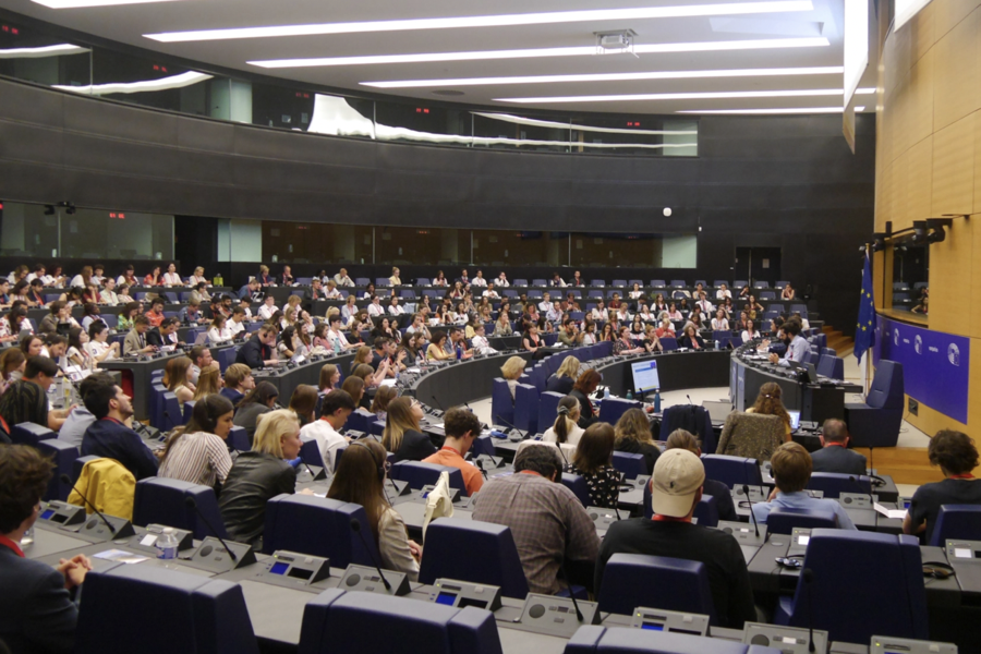 This picture shows students from European University Alliances gathered in the European Parliament