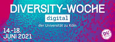 The image shows a tiled pattern in pink and blue in the background. The foreground reads "Diversity Week digital of the University of Cologne in German" and the date 14 to 18 June 2021.