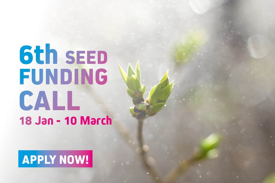 In the background is a branch with green shoots. The text on the image reads: "6th SEED FUNDING CALL / 18 Jan - 10 March / APPLY NOW!"