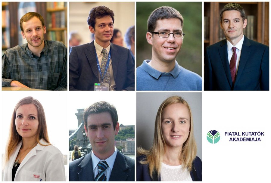 The image shows a collage of seven portraits of the seven Semmelweis members of the Hungarian Academy of Young Researchers together with its logo.