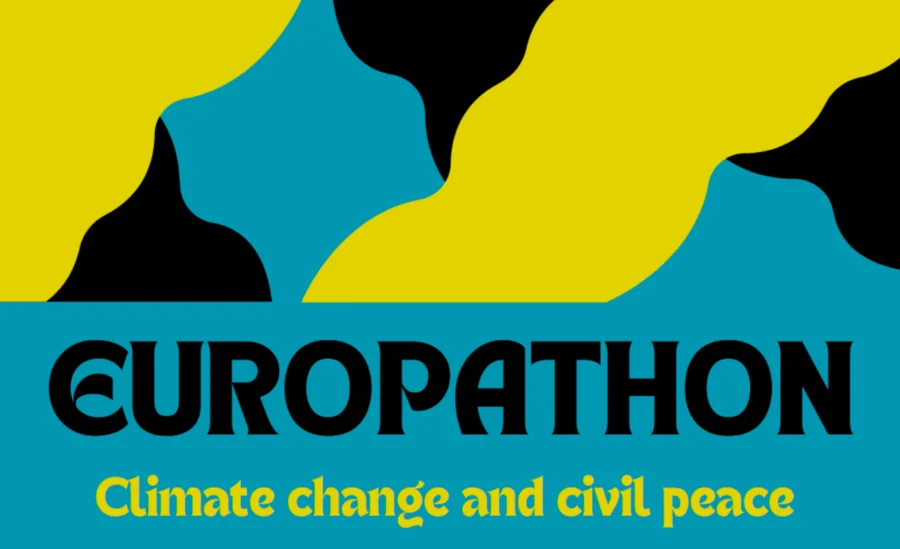 A retro style graphic. The upper half shows coloured, overlapping waves in yellow, black and petrol. On the lower half, "Europathon" is written in large black letters on a petrol-coloured background and "Climate change and civil peace" in smaller letters below.