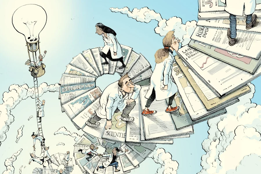 A whimsical illustration of researchers climbing a spiral of oversized journal articles towards a light bulb in a hot air balloon, symbolising the pursuit of knowledge and discovery.