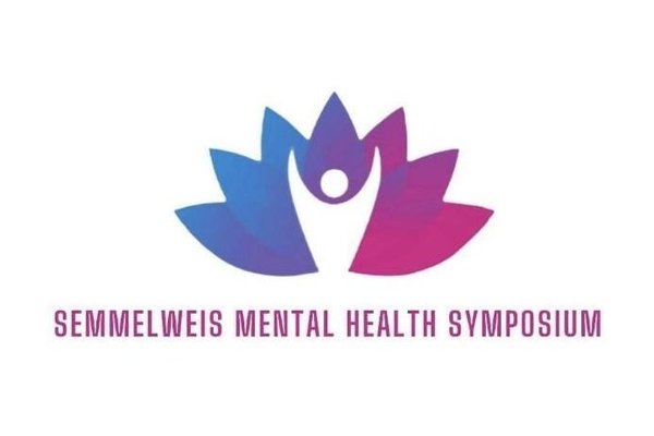 The graphic shows the logo of the project, a lotus flower in the EUniWell colour gradient from cyan to magenta, in the middle of which an abstracted figure in white raises its arms. The words "Semmelweis Mental Health Symposium" can be read underneath.