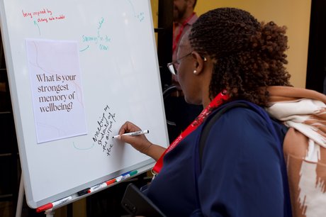 A conference participant is writing on a whiteboard at the EUniWell Showcase Conference 2023. The board asks, 'What is your strongest memory of wellbeing?' with various handwritten responses around it.