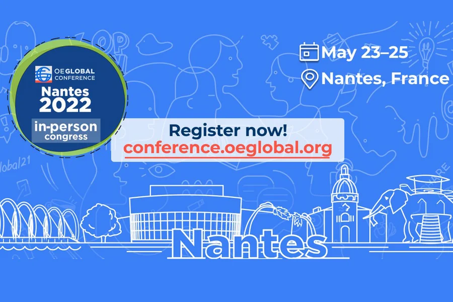 The graphic shows landmarks of the city of Nantes against a blue background. There is a call to register for the OE Gloabl Conference.
