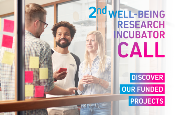 A picture of three people behind a glass panel with post it notes on it and the text "2nd Well-being Research Incubator Call, Discover our funded projects".