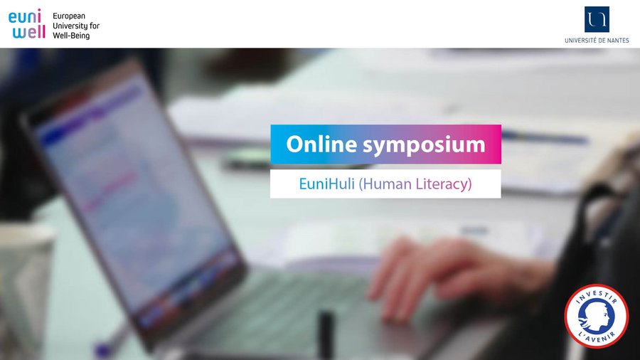 The picture shows a blurred out image of a person using a laptop in the background. In the middle the text "Online symposium: EuniHuli (Human Literacy)" is written.