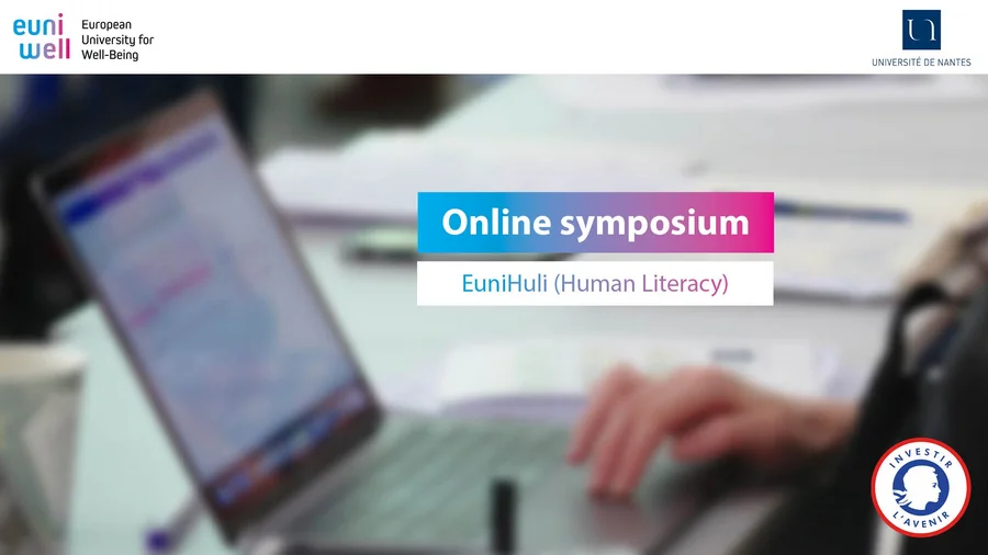 The picture shows a blurred out image of a person using a laptop in the background. In the middle the text "Online symposium: EuniHuli (Human Literacy)" is written.