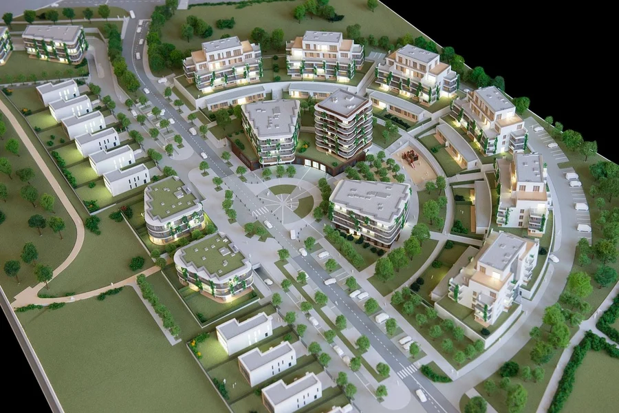 A graphic showing a model of a modern urban area. 