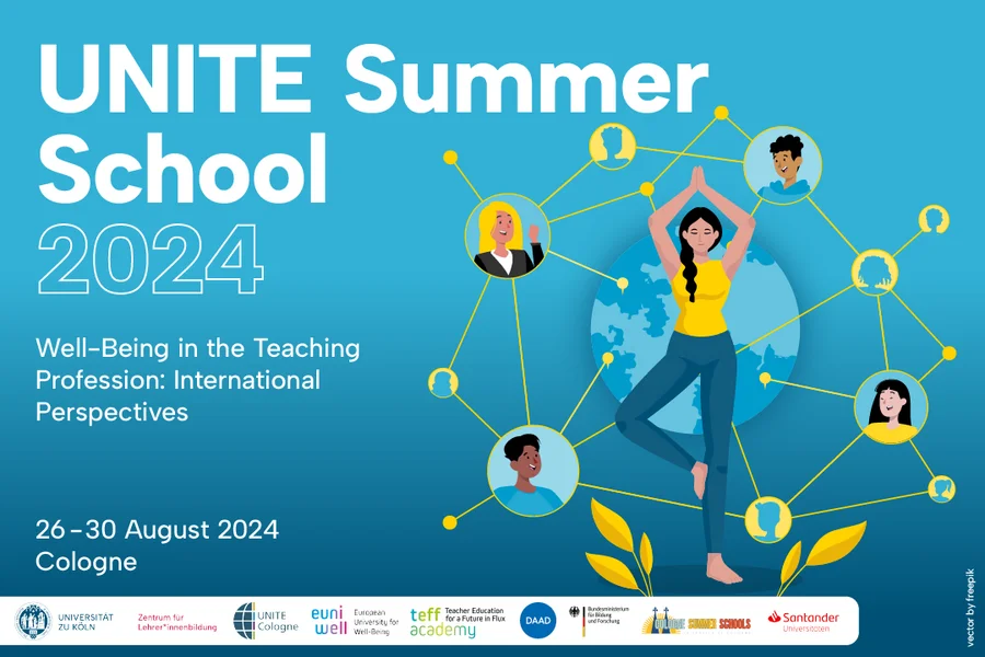 Blue background with a graphic of people representing diversity and unity. The headline reads UNITE Summer School 2024, with the subtitle 'Well-Being in the Teaching Profession: International Perspectives' and the date 26-30 August 2024 in Cologne. Logos are visible at the bottom