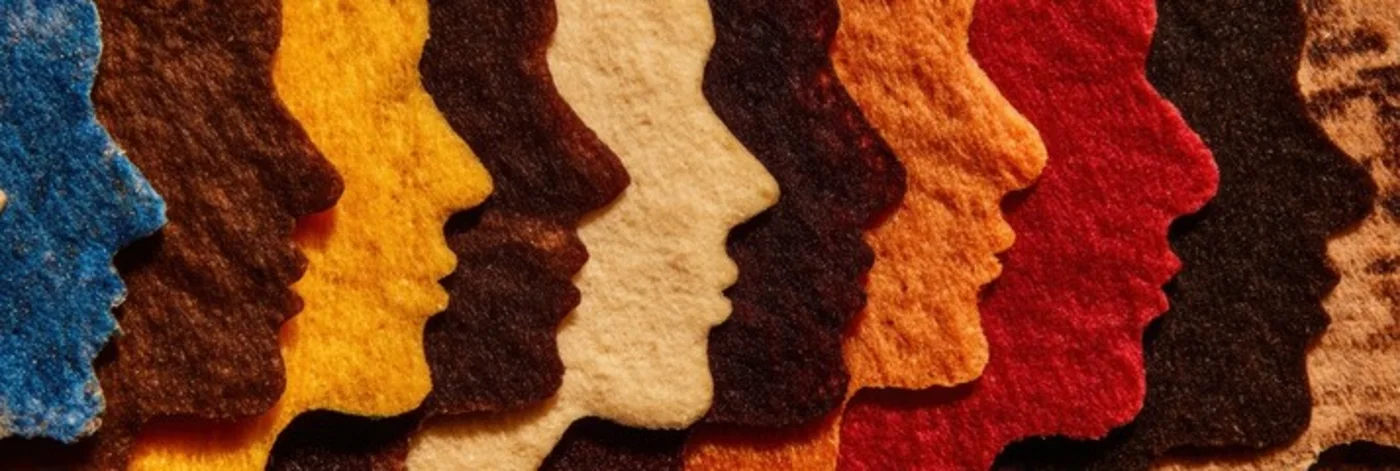 A row of overlapping, textured human profiles in blue, brown, yellow, beige, orange, red, and black, all facing to the right.