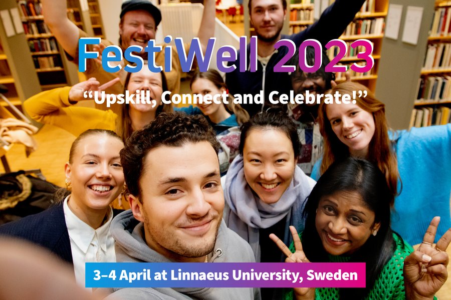 The picture shows different students with the text "FestiWell 2023 - 'Upskill, Connect and Celebrate!' - 3-4 April at Linnaeus University, Sweden".