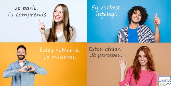 The picture shows four tiles in different colours. Each tile shows a smiling person and the statement "I speak. You understand." in four different Romance languages.