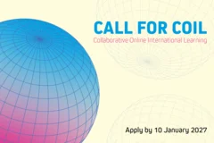 Graphic announcing a call for Collaborative Online International Learning (COIL), featuring blue and pink gradient globes against a pale yellow background. Applications close on 10 January 2027.
