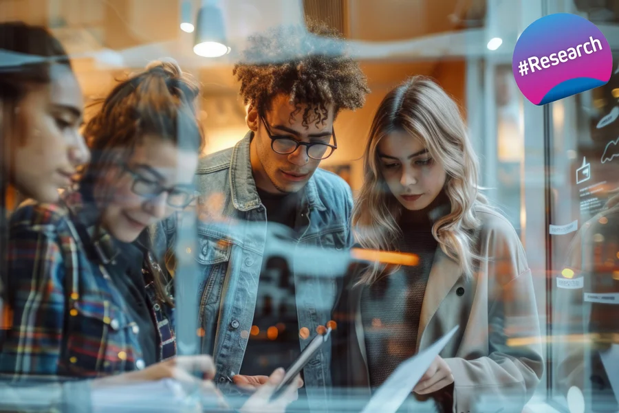 Four young people stand behind a pane of glass and look intently at the documents in their hands. In the top right-hand corner is a badge with a colour gradient from cyan to magenta, with ‘#Research’ written on it.