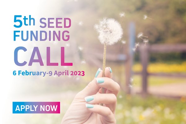 A picture of a hand holding a dandelion with the text "5th Seed Funding Call, 6 February-9 April 2023, Apply now".