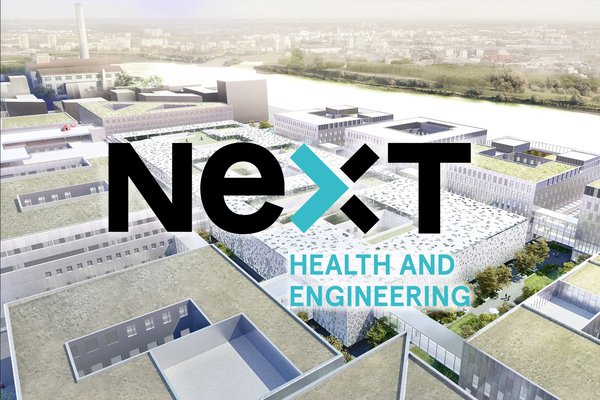 The visual shows the campus of Nantes Université with the logo of the NExT initiative in the front. It says: "NExT - Health and Engineering"