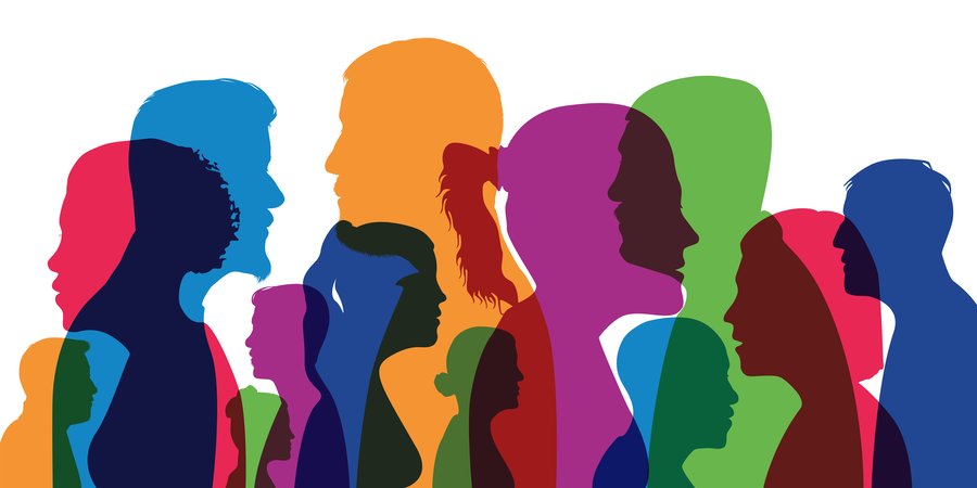 A graphic showing many colourful shapes of people in profile.
