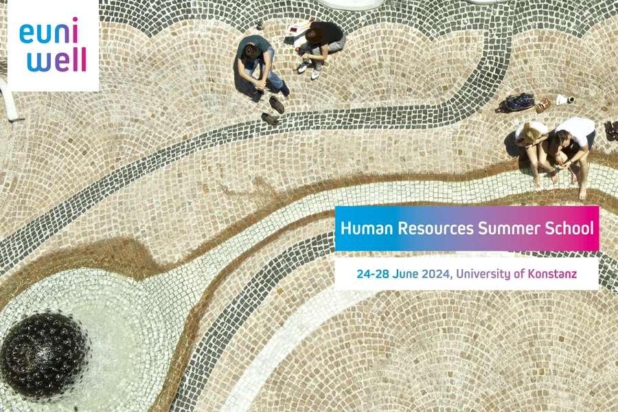 The image is a promotional visual for the Human Resources Summer School taking place from 24-28 June 2024 at the University of Konstanz. The poster features a top-down view of several individuals sitting around a circular mosaic courtyard, engaged in study or discussion. The EUniWell logo is prominently displayed in the upper left corner, highlighting its association with the event.